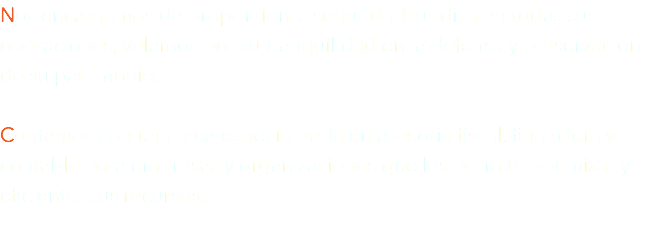 Nos encargamos de proporcionar seguridad jurídica en todas sus operaciones, velamos por su tranquilidad en la defensa y preservación de su patrimonio. Contamos con una área especializada en asesoría fiscal, financiera y contable para empresas y organizaciones que les permite optimizar y eficientar sus recursos.